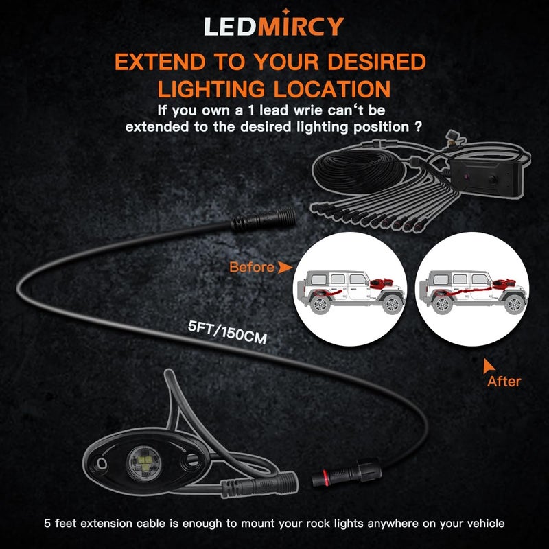 LEDMIRCY LED Rock Lights Extension Cable - 5ft 22AWG Waterproof Female Male Connectors 6PCS 11mm Nut Small Size for LED Strip Lights - Image 3
